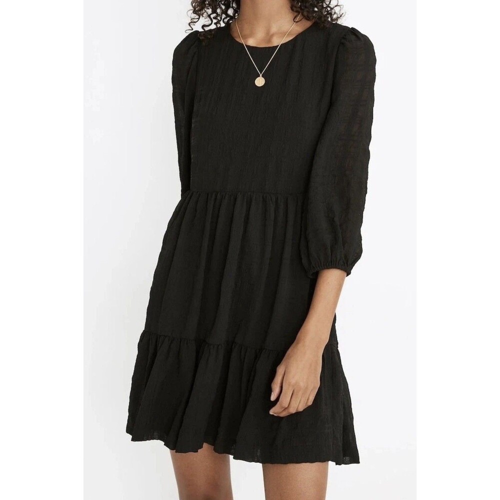 Madewell Puff-Sleeve Ruffle-Hem Mini Dress Size 0 Black Lined Woven Plaid